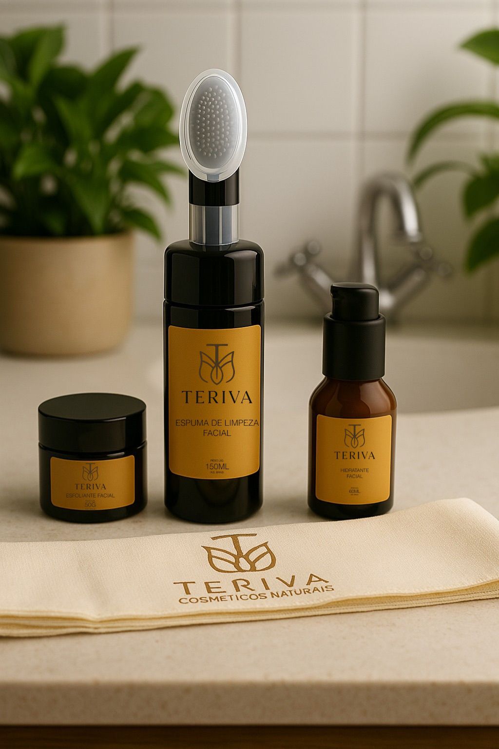 Kit Skincare Teriva – Espuma de Limpeza + Hidratante Facial + Esfoliante Facial + Faixinha 100% Algodão